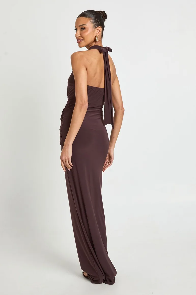 Slinky Plunge Halterneck Wrap Waist Maxi Dress - chocolate - 1