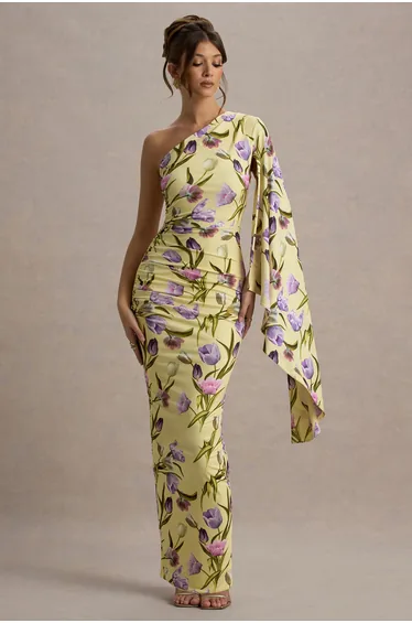 Clementina | Tulip Floral Print Asymmetric Cape Sleeve Maxi Dress