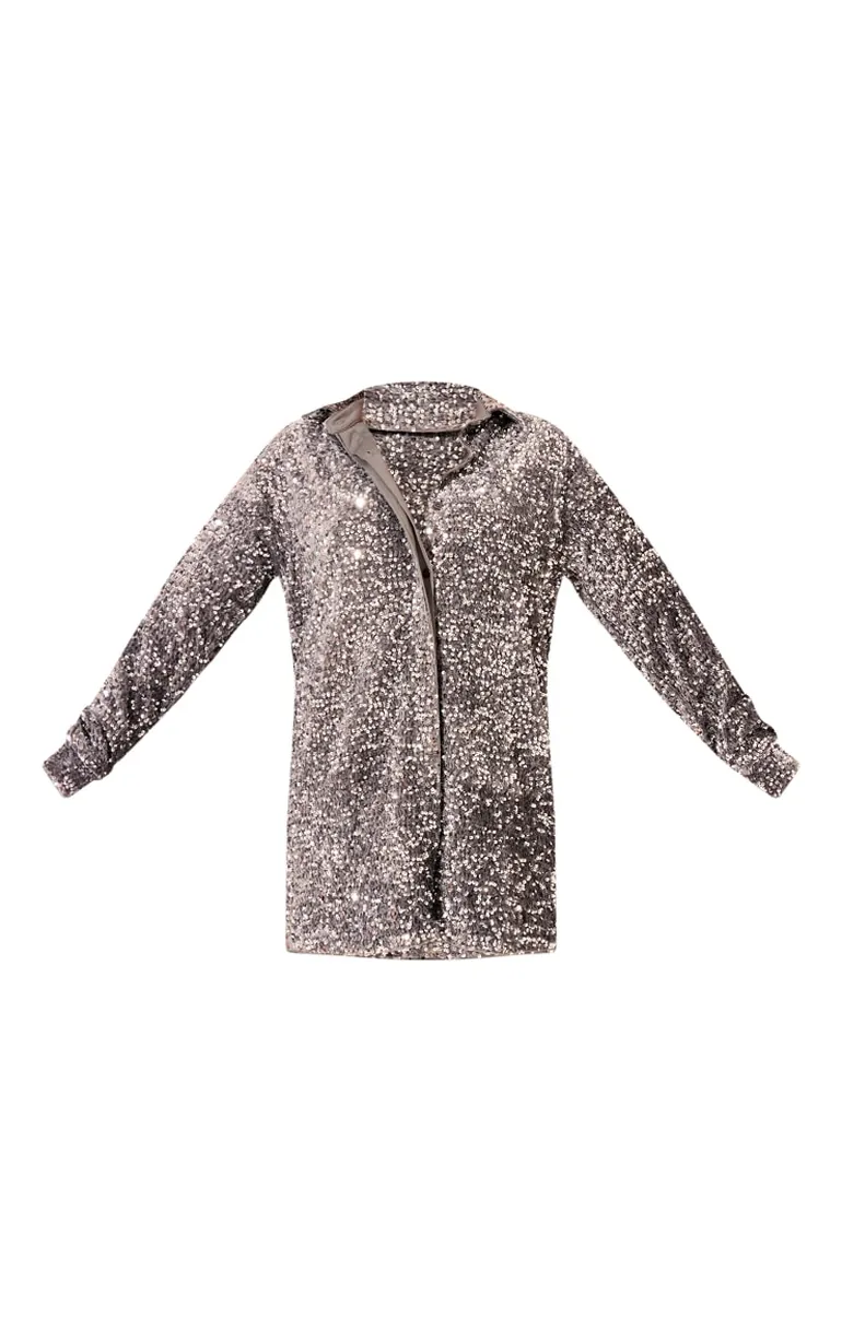 Silver Velvet Sequin Oversized Shirt Dress - 4