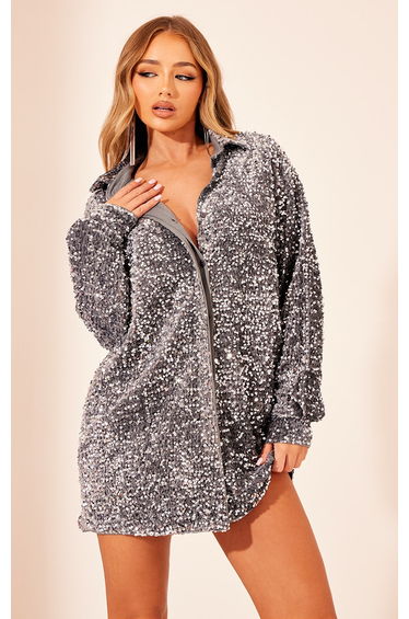 Silver Velvet Sequin Oversized Shirt Dress