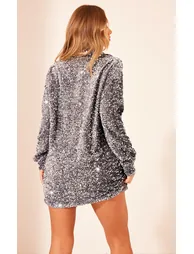 Silver Velvet Sequin Oversized Shirt Dress - 1