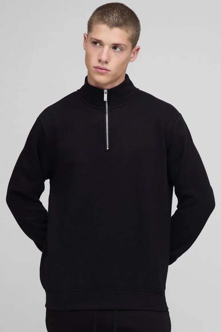 Basic Quarter Zip Funnel Neck Sweatshirt - black