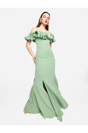 Off Shoulder Ruffled Detail Mermaid Hem Maxi Dress