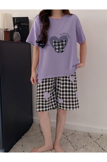 Heart Print Round Neck T-Shirt and Checked Shorts Set