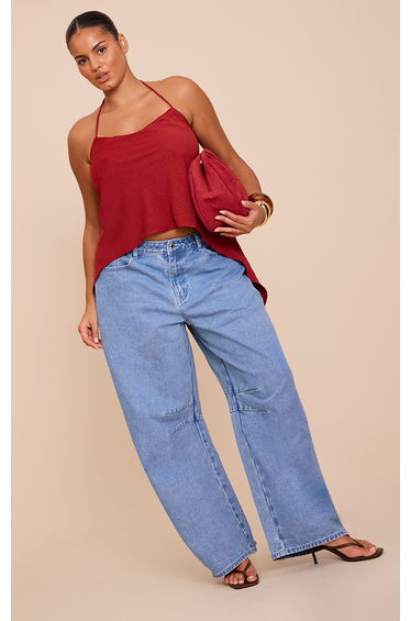 Plus Deep Red Floaty Woven Split Hem Spaghetti Strap Top