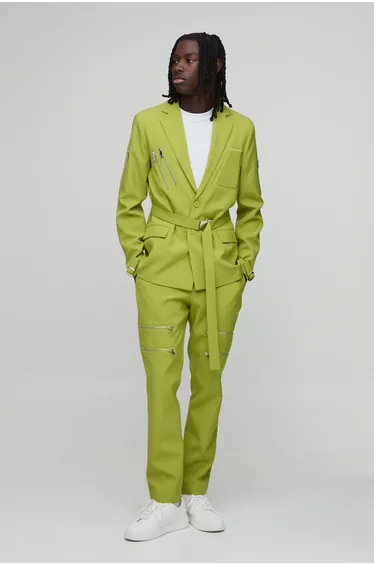 Skinny Fit Zip Detail Tailored Trousers - lime