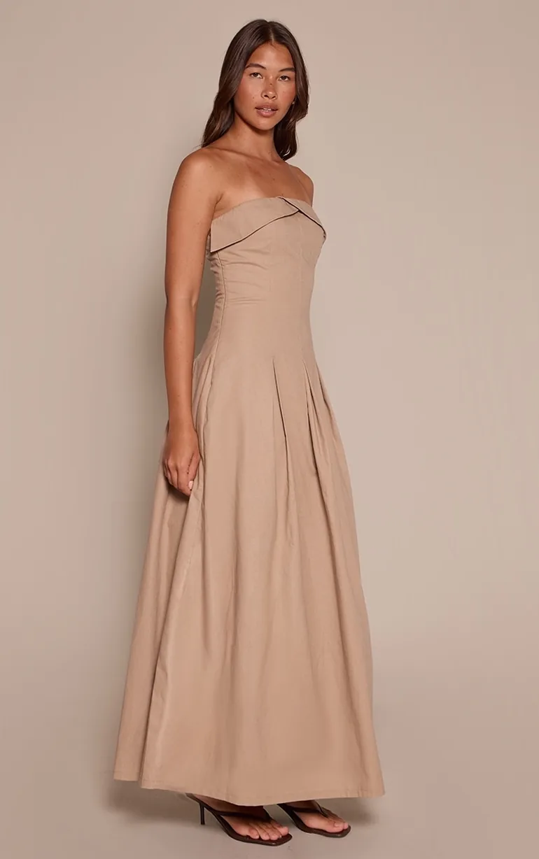 Taupe Bandeau Pleated Midaxi Dress