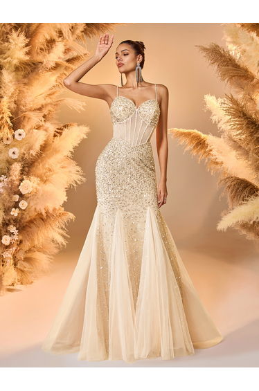 Modecrush Champagne Sequin Mermaid Gown
