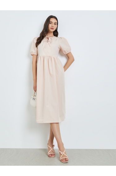 Beige Tie-Up Neck Midi Dress with Puff Sleeves