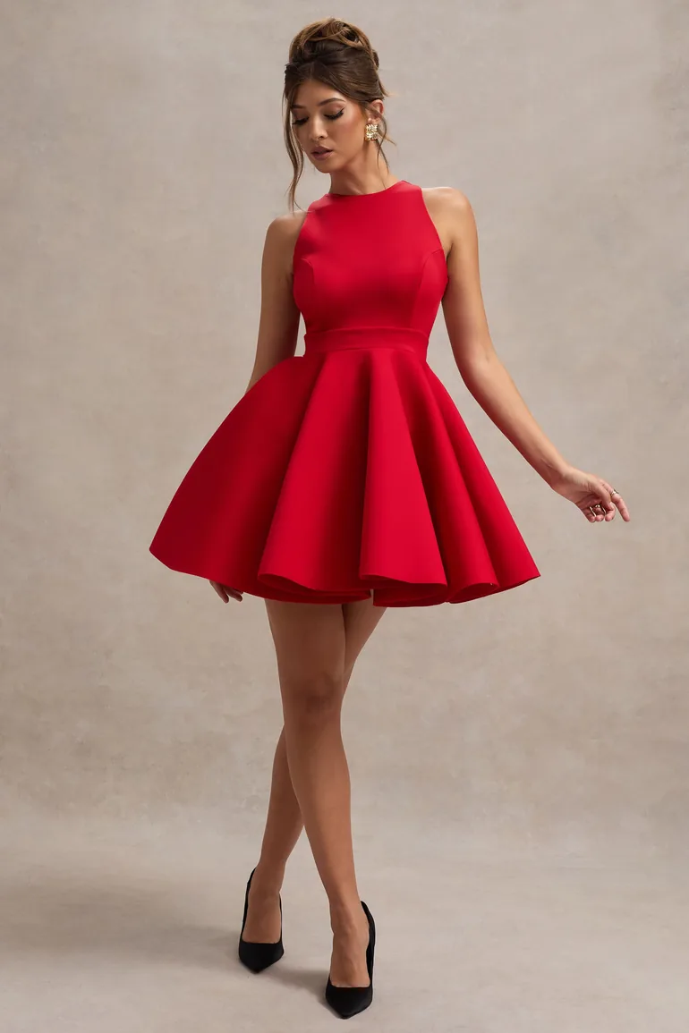 red skater skirt dress Red Sweater Dress Red Knit Skater Skirt Brt-red Structured Puff Sleeve Knitted Skater Dress JESCKA