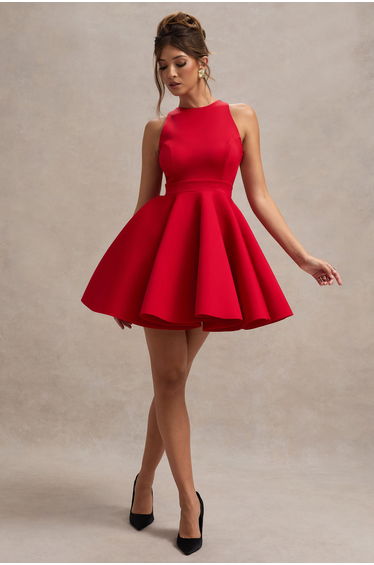 Waverly | Red Racer-Neck Sleeveless Skater Mini Dress