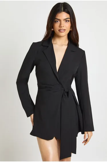 Wrap Drape Front Tailored Blazer Dress - black