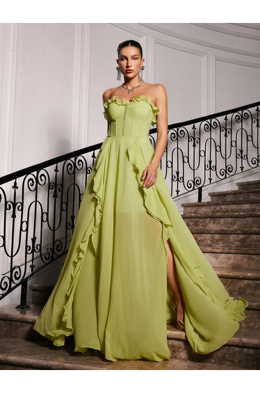 Craven Strapless Ruched Mesh Maxi Dress