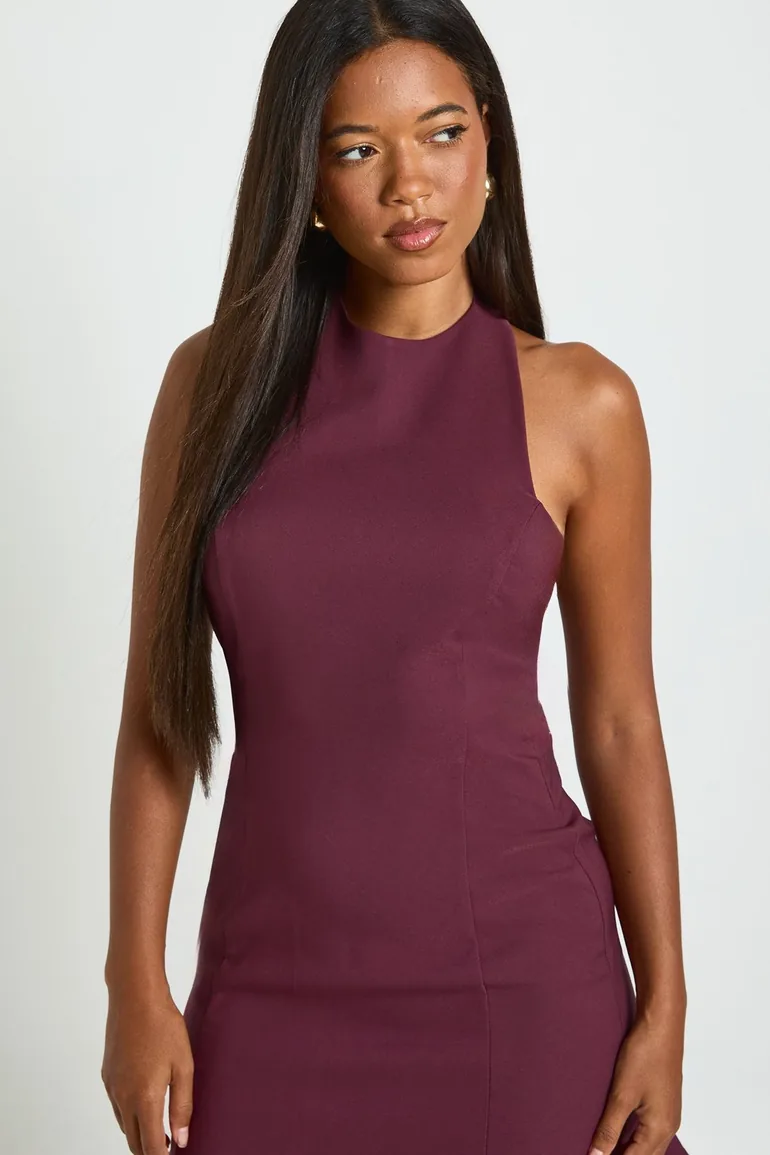 Halterneck Asymmetric Hem Mini Dress - plum Boohoo Red : Party Dresses :  VogaCloset Oman