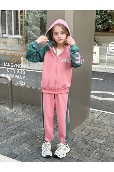 Girls Pink Color Block Hooded Jacket and Joggers Set