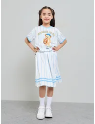 Girls Graphic Bear T-Shirt and Striped Skirt Set