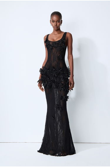Midnight Desire Black Sheer Lace Floral Applique Maxi Dress