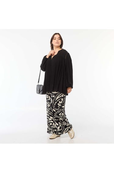 Patterned wide-leg trousers with elasticated waist BLACK