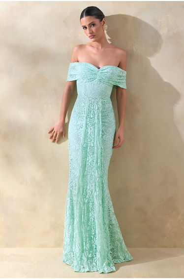 Aries | Mint Lace Bardot-Neck Maxi Dress With Gathered Detailing