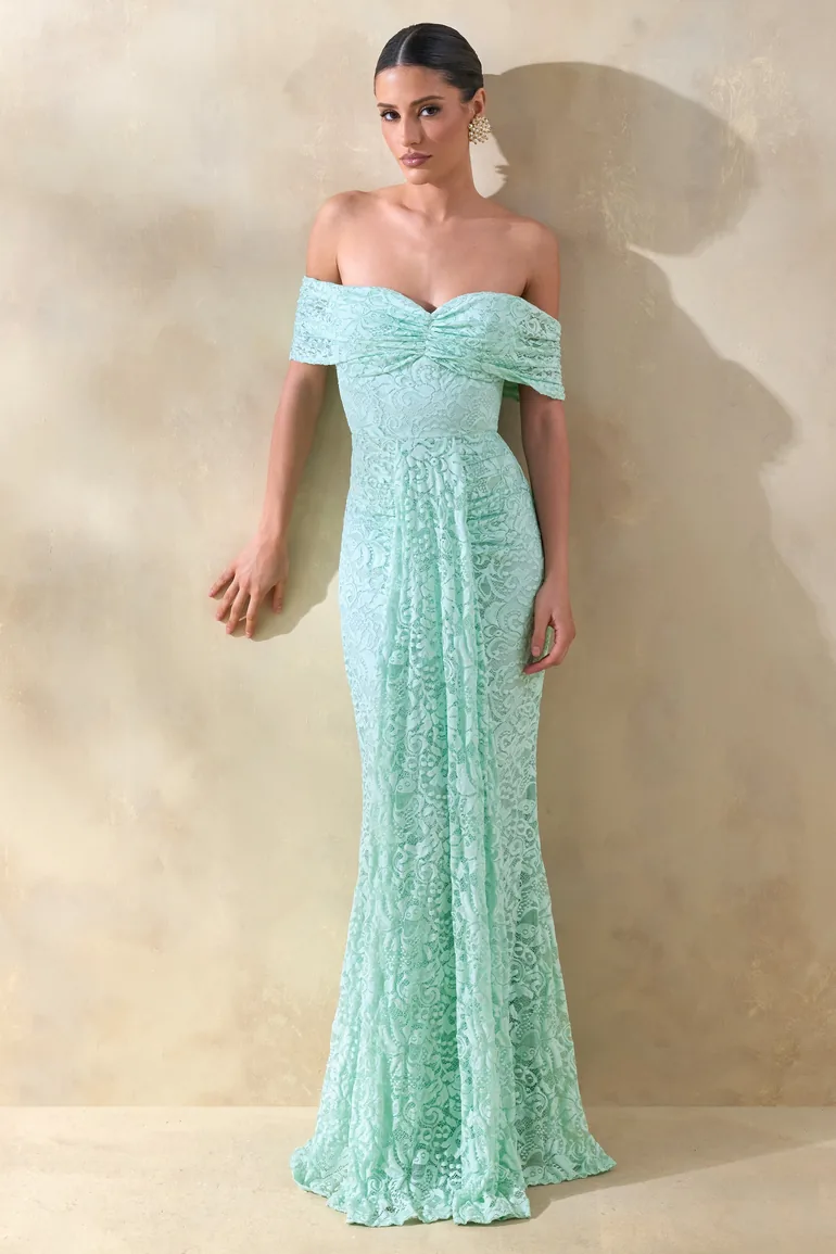 Aries | Mint Lace Bardot-Neck Maxi Dress With Gathered Detailing - 4