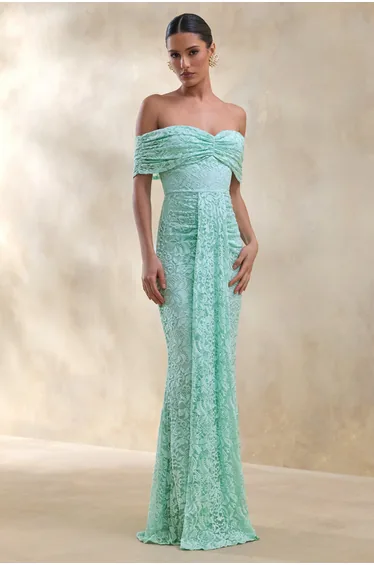 Aries | Mint Lace Bardot-Neck Maxi Dress With Gathered Detailing