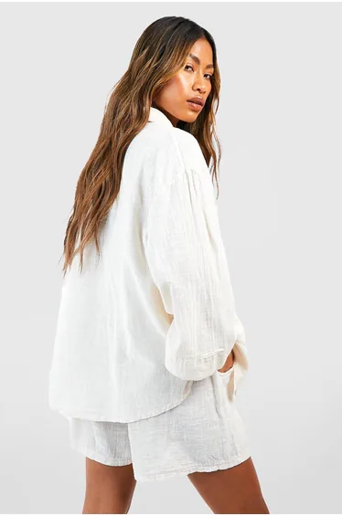 Textured Lightweight Cotton Oversized Shirt - cream