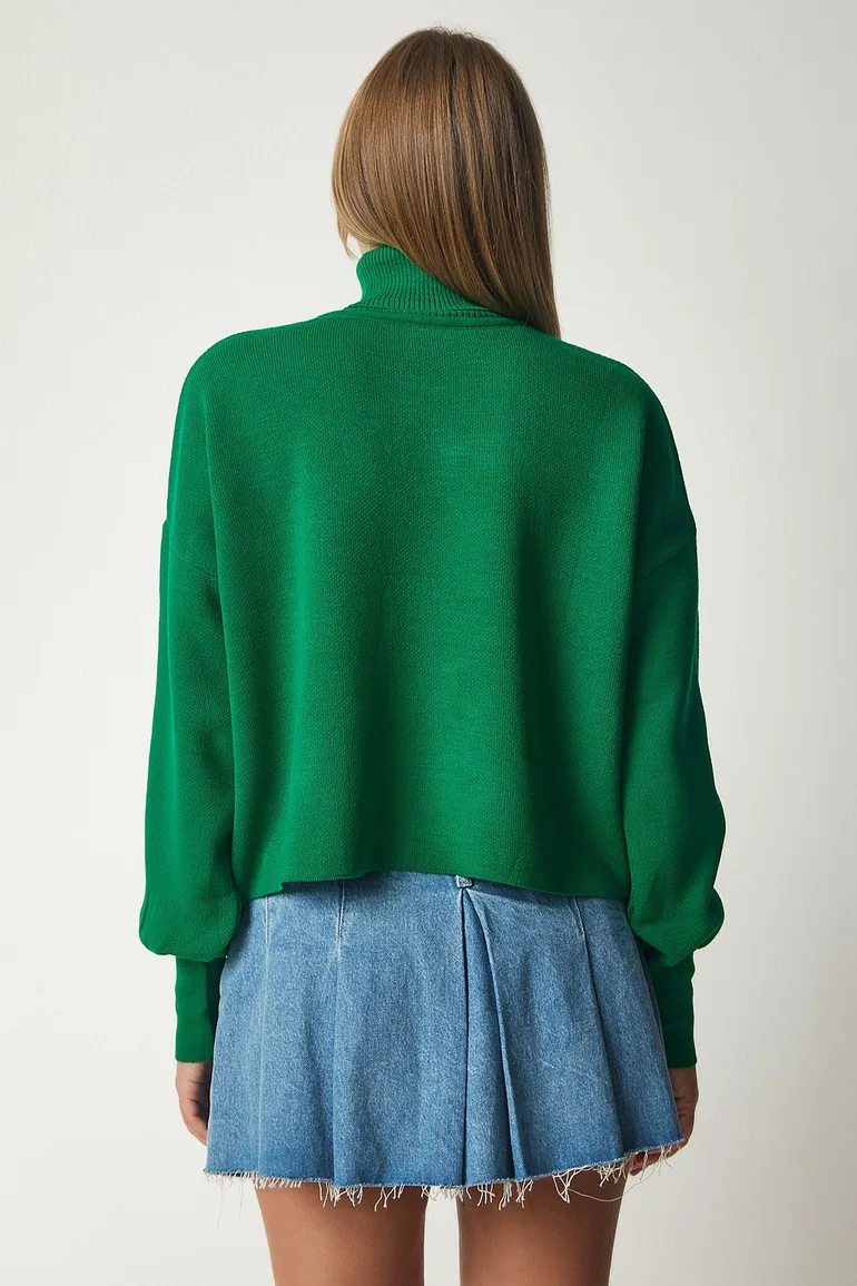 Women's Green Turtleneck Casual Knitwear Sweater - 3