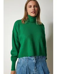 Women's Green Turtleneck Casual Knitwear Sweater - 2