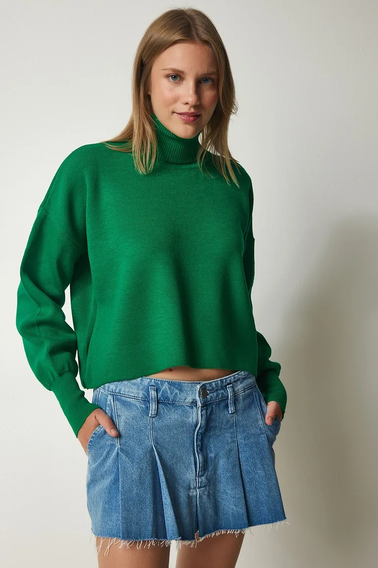 Women's Green Turtleneck Casual Knitwear Sweater - 1