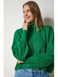 Women's Green Turtleneck Casual Knitwear Sweater