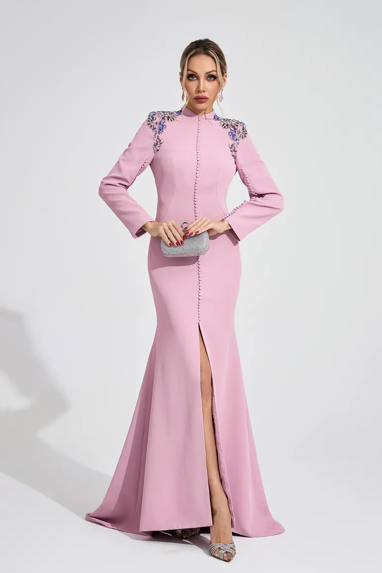 فستان ماكسي مزين بأحجار لامعة - زهري - 5