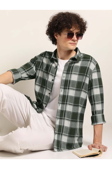 Men Olive Checked Flannel Shirt
