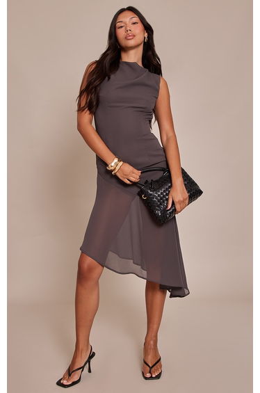 Grey Chiffon Boat Neck Asymmetric Midi Dress