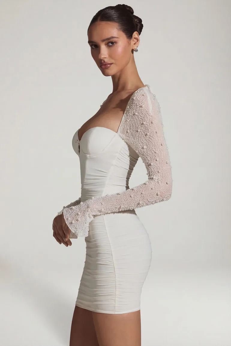 st germain embellished long sleeve mini dress in white St Germain Long Sleeve Embellished Mini Dress in Snow