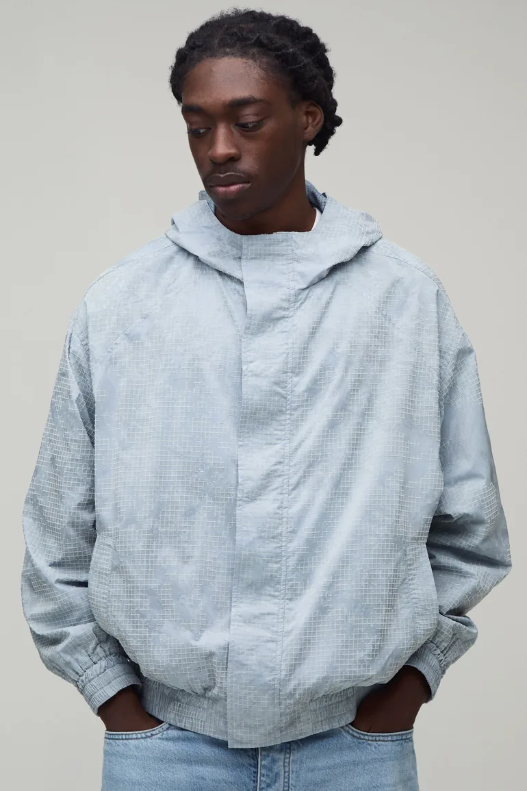Boxy Fit Textured Check Cagoule Jacket - light blue