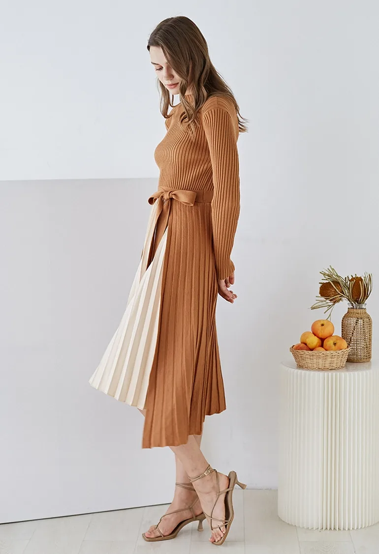 Front Pleats Splicing Belted Hi-Lo Knit Dress in Caramel - 4