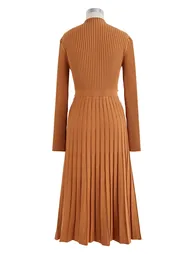 Front Pleats Splicing Belted Hi-Lo Knit Dress in Caramel - 14