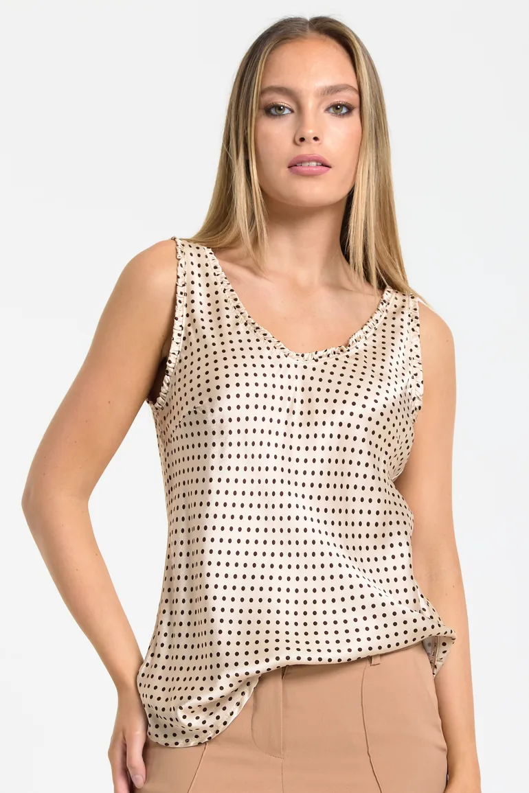 Beige Polka Dot Satin Tank Top