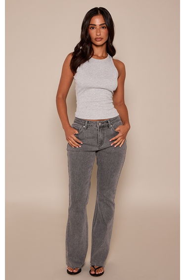 Petite Washed Grey Low Rise Stretch Flared Jeans