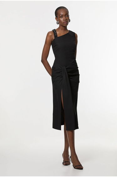 Petite Tailored Asymmetric Neck Strappy Detail Dress