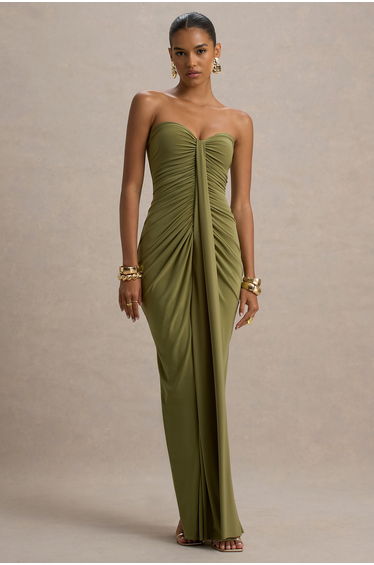 Ali | Olive Sweetheart Ruched Wrap Maxi Dress