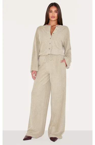 Mushroom Textured Wide Leg Drawstring Trousers