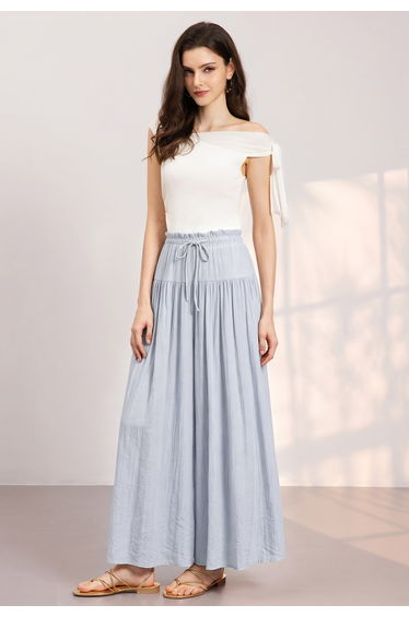 Drawstring Waist Gathered Wide-Leg Pants in Light Blue for Casual Office & Weekend Vacation