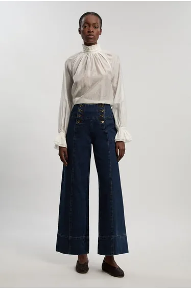 Denim Button Front Wide Leg Jeans