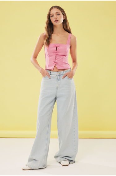 Pink Bow Detail Woven Blouse with Straps