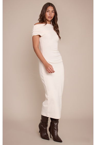 Cream Brushed Rib Asymmetric Ruched Detail Maxi Dress