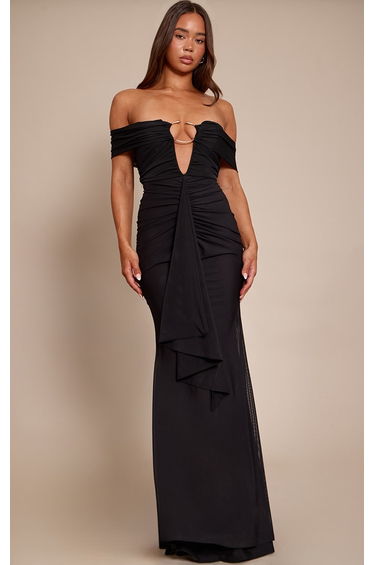 PLT Label Black Mesh Trim Detail Fishtail Maxi Dress