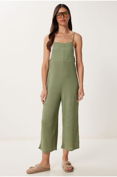 Women's Khaki Strappy Textured Knitted Jumpsuit