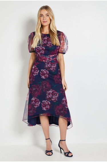 Petite Floral Mesh Pleated Midi Dress