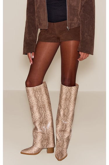 Natural Snake PU Fold Over Block Heel Boot